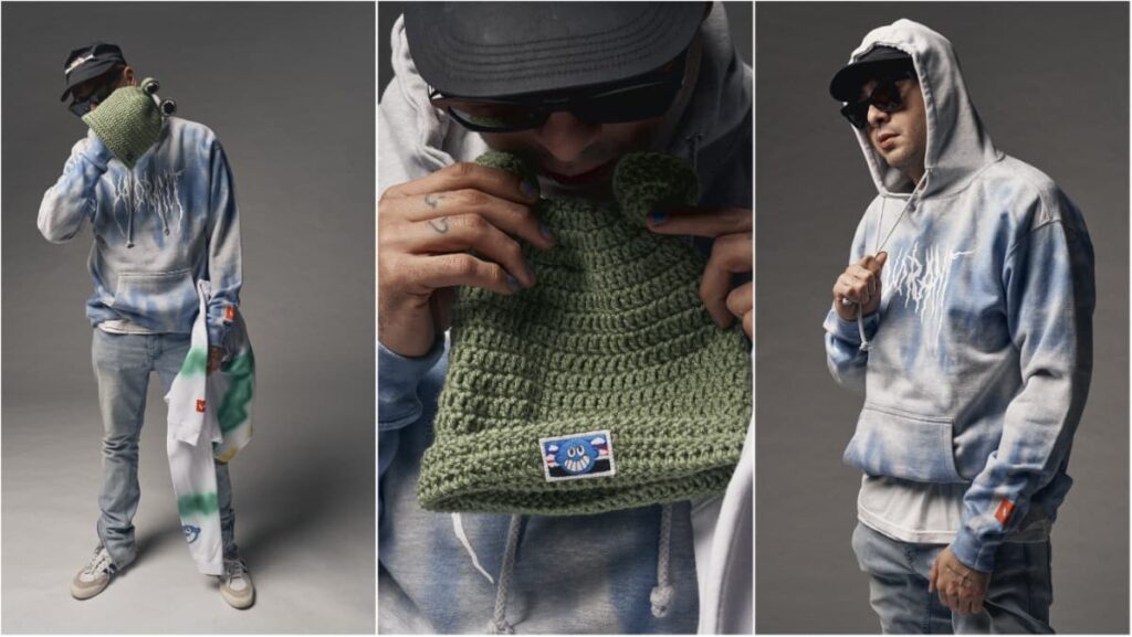 Milkman showcases his VALORANT apparel that will be available through NTWRK. Left: He wears the Jett hoodie while holding the Killjoy beanie and Raze shirt. Middle: A closeup of the Killjoy beanie. Right: He stands with just the Jett hoodie, pulling on the drawstrings with one hand.