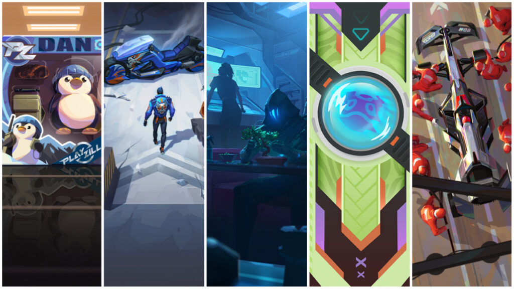 From left to right: Playzilla Dan, Rift Rider, Scars That Bond, Tight Knit, and Venturi Player Cards.