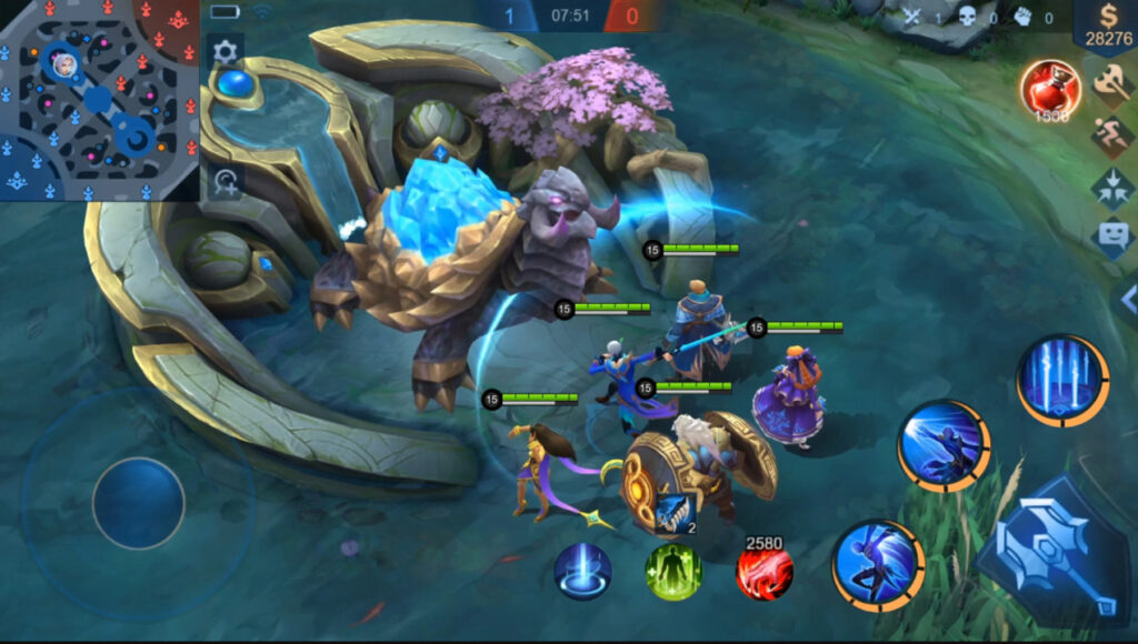 MLBB players attacking a common objective.