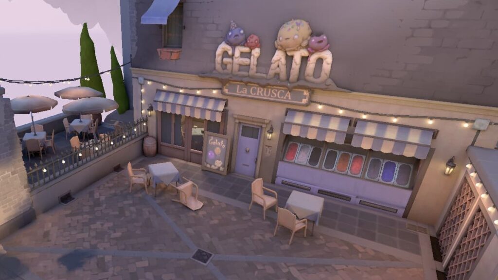 The gelato shop on Ascent in VALORANT has some tables and knocked over chairs near the A Lobby position.