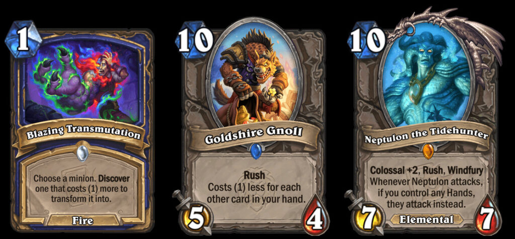 Blazing Transmutation, Goldshire Gnoll, and Neptulon the Tidehunter in Evolve Shaman