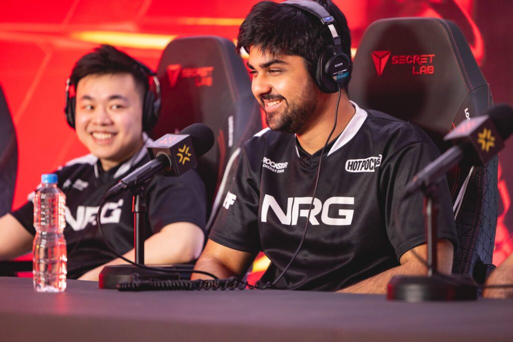 Coach Chet "Chet" Singh of NRG (R) participates in a post match press conference at the VALORANT Champions Tour 2023: LOCK//IN Groups Stage on February 17, 2023 in Sao Paulo, Brazil.