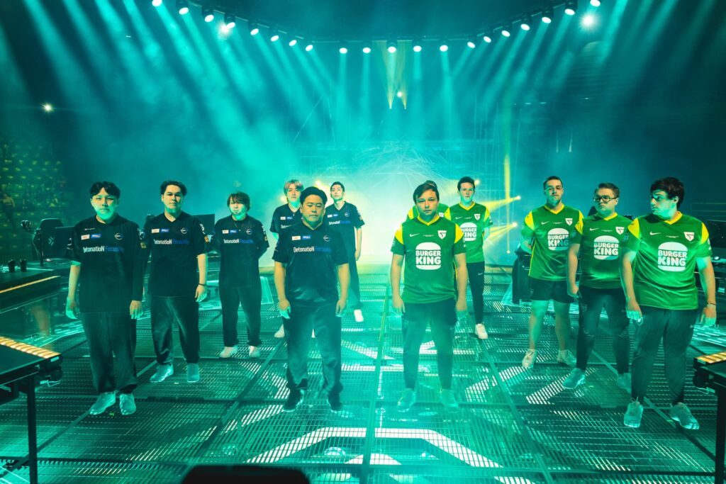DetonatioN FocusMe (L) and Giants pose onstage before competing at the VALORANT Champions Tour 2023: LOCK//IN Groups Stage on February 13,
