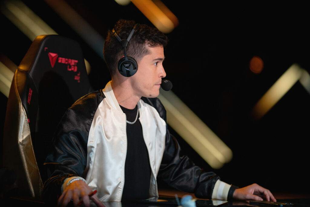 Doug "EsportsDoug" Cortez commentates at the VALORANT Champions Groups Stage on December 7, 2021 in Potsdam, Germany.