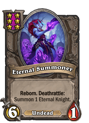 Eternal Summoner is a 6-cost 6/1 Undead with Reborn and Deathrattle: Summon 1 Eternal Knight. Perfect Teron Gorefiend Battlegrounds synergy.
