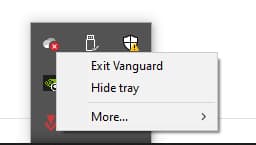 The system tray, after right-clicking on the Vanguard icon, shows the Exit Vanguard option so that you can uninstall VALORANT.