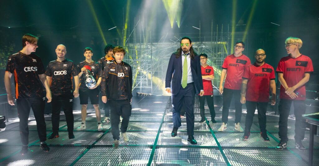 Fnatic (L) and Sentinels make an entrance onstage at the VALORANT Champions Tour 2023: LOCK//IN Groups Stage on February 24, 2023 in Sao Paulo, Brazil.