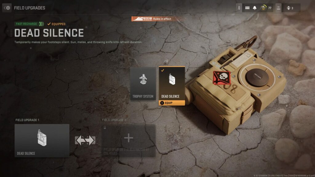 Dead Silence and Trophy System are shown in the Field Upgrades section.