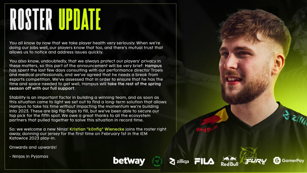 Ninjas in Pyjamas welcomes k0nfig 