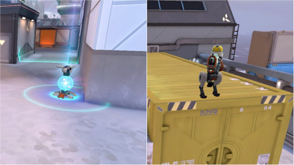Killjoy's Lockdown (left) and her Turret (right) are seen on the Icebox map of VALORANT, prior to their nerf in patch 6.03.