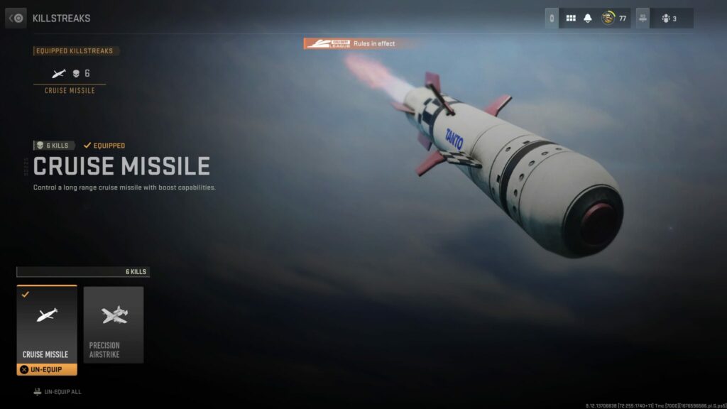 The Cruise Missile and Precision Airstrike are shown as selectable killstreaks.