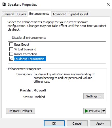 The Speakers Properties box for Windows shows several settings in the Enhancement tab, including Loudness Equalization.