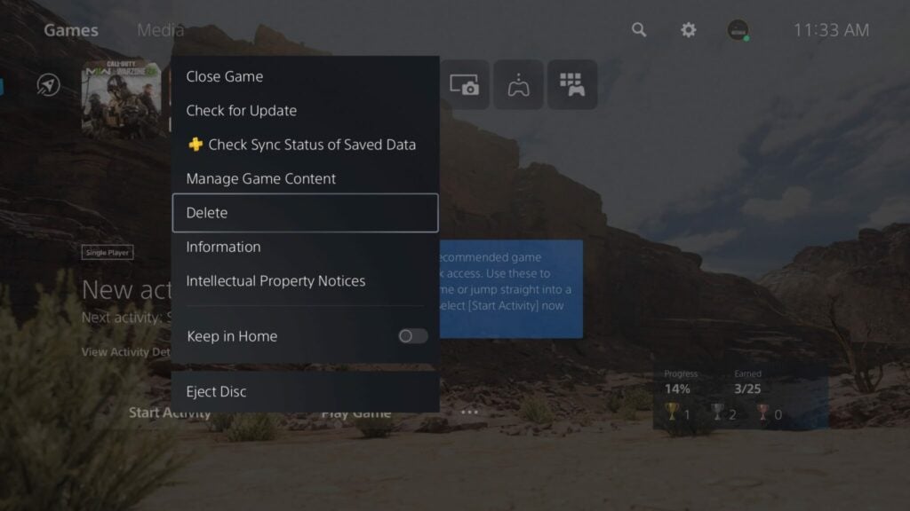 The PS5 dashboard shows the option to delete MW2 if you receive the Dev Error 11152 message.