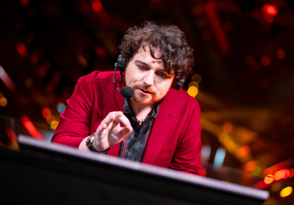 Mitch "MitchMan" McBride commentates at the VALORANT Champions Semifinals Stage on December 11, 2021 in Berlin, Germany.