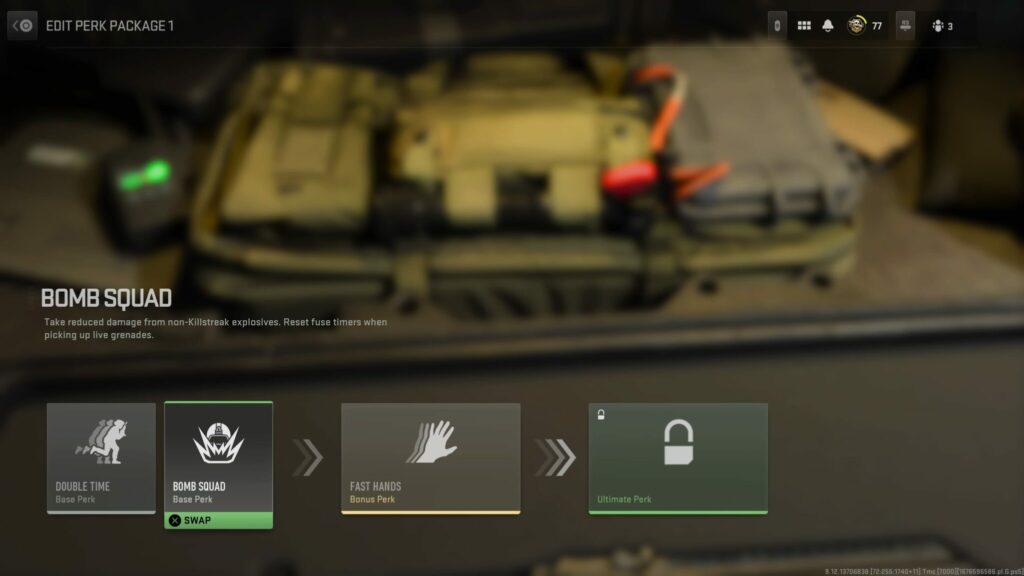 The Perk Package shows Double Time, Bomb Squad, and Fast Hands selected for an MW2 ranked play class.