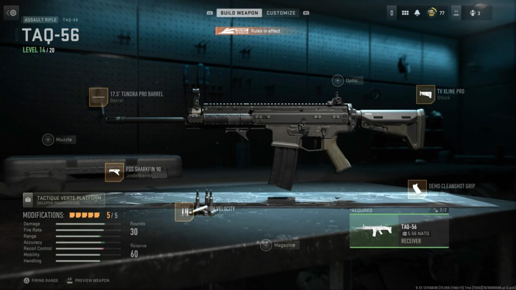 The TAQ-56 is shown in the loadout screen with attachments selected for its best ranked play class in MW2.