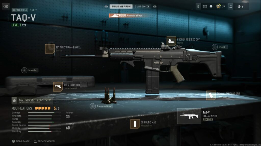 The TAQ-V is shown in the loadout screen with attachments selected for its best ranked play class in MW2.