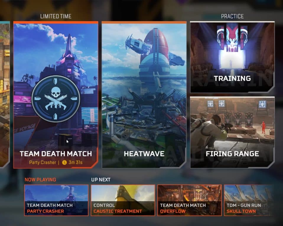 The Apex Legends mode selection menu shows TDM and Control on multiple maps.