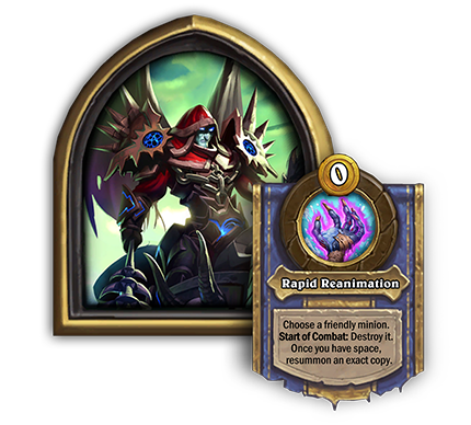 Teron Gorefiend, the new Battlegrounds hero, has a 0-cost hero power that reads “Choose a friendly minion. Start of Combat: Destroy it. Once you have space, resummon an exact copy.”.