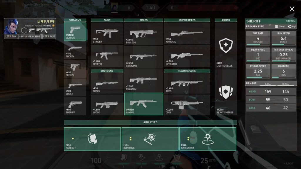 The Buy window of VALORANT is open as Yoru holds a Vandal in the defending team spawn on Haven.