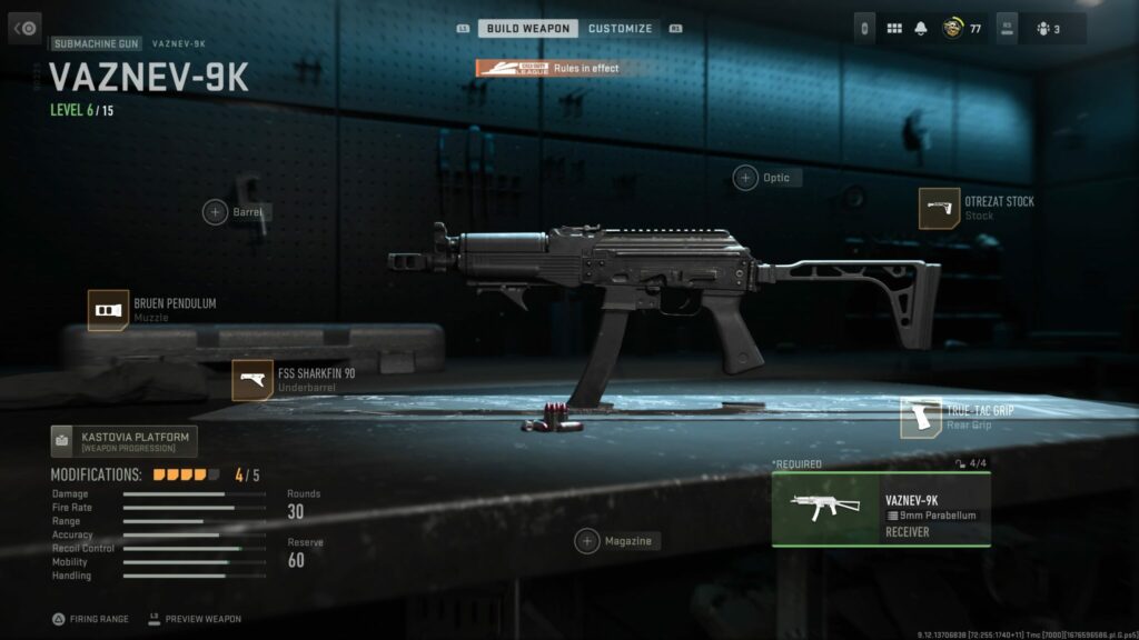 The Vaznev-9K is shown in the loadout screen with attachments selected for its best ranked play class in MW2.