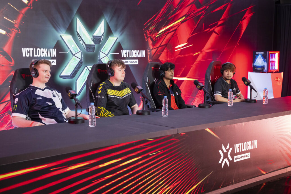 Players sit for VCT LOCK//IN Press conference. From Left to Right: Redgar, BONECOLD, SkRossi, JessieVash.