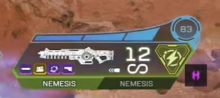 The Nemesis' charge is visible above the weapon in Apex Legends