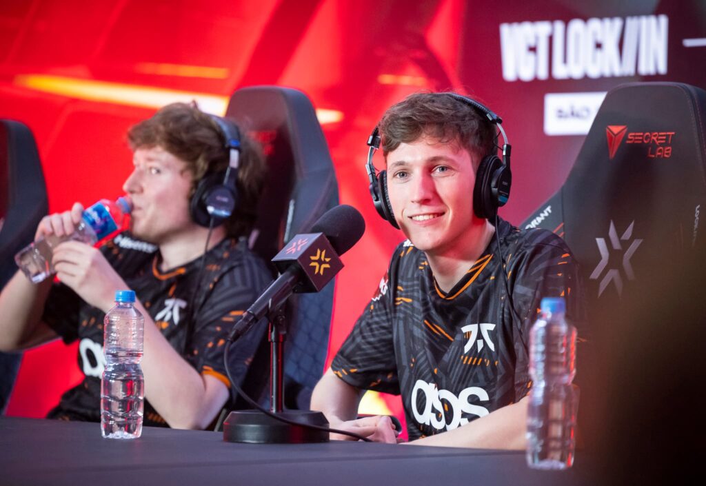 Jake "Boaster" Howlett of Fnatic is interviewed at press conference after victory at the VALORANT Champions Tour 2023: LOCK//IN Groups Stage on February 26, 2023 in Sao Paulo, Brazil.