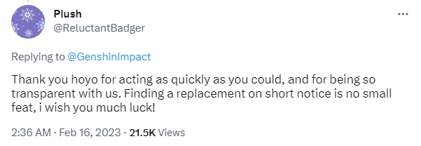 Reponse on Twitter to Tighnari voice actor recast