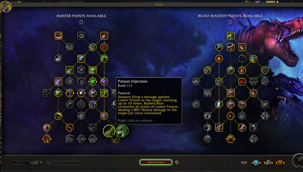 A shot of the Hunter spec tree, showcasing their Poison Injection DOT spell.
