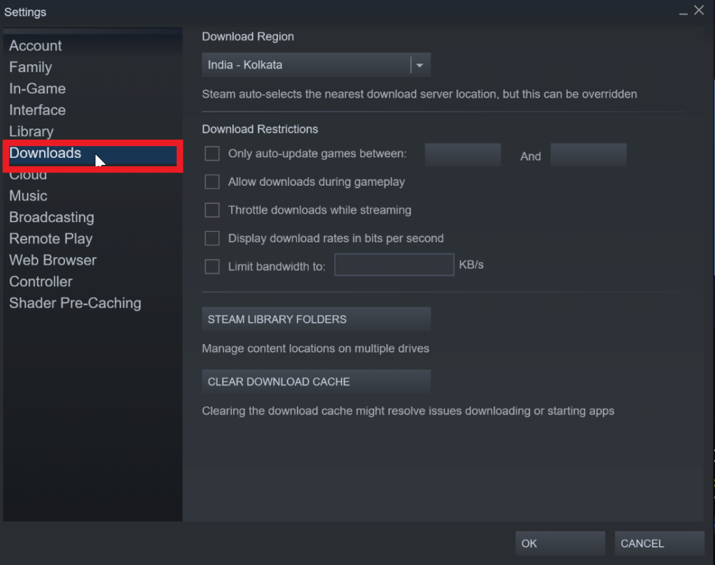 Go to Downloads in the Steam Library settings to fix the Steam Manifest Unavailable error
