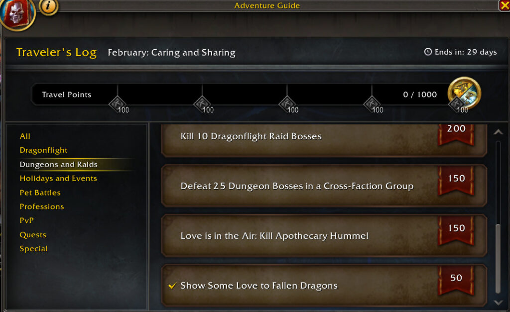 The Traveler's Log in WoW, which tracks what quests have been completed and how much Traveler's Tender is earned.