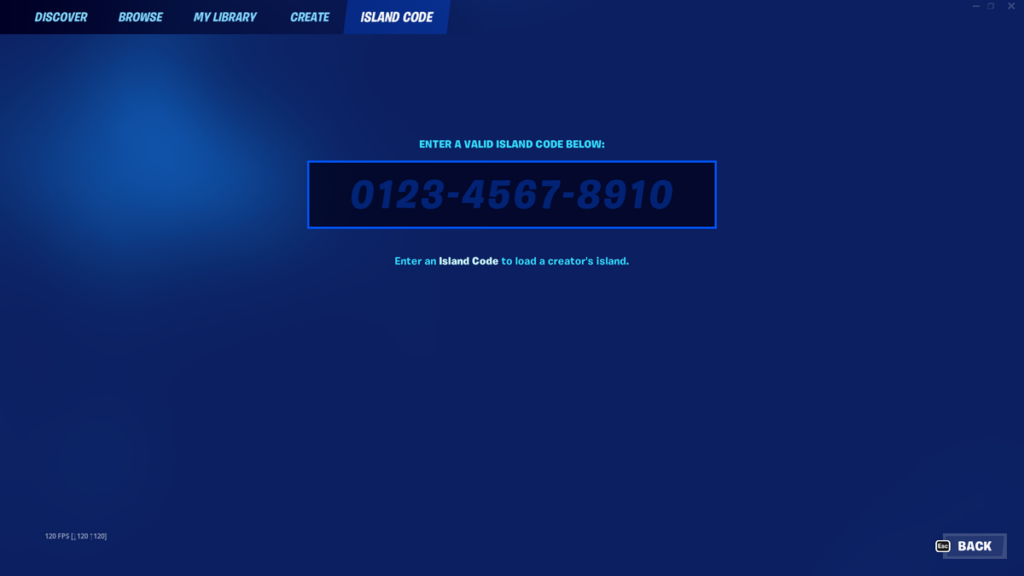 Island Code screen in Fortnite
