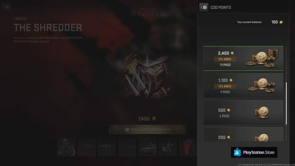 The purchase menu for COD Points shows 2400 for $19.99 USD in Call of Duty MW2.