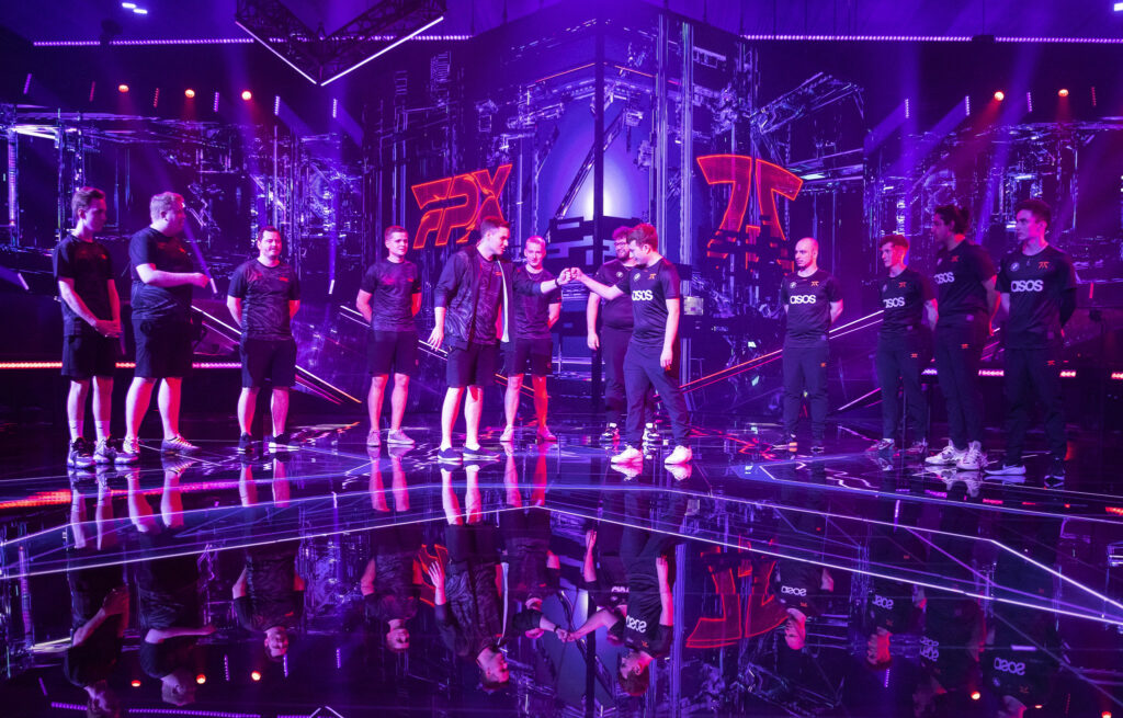 FunPlus Phoenix (L) and Fnatic make an entrance at the VALORANT Champions Tour: Stage 2 Masters Semifinals on July 22, 2022 in Copenhagen, Denmark. (Photo by Colin Young-Wolff/Riot Games)