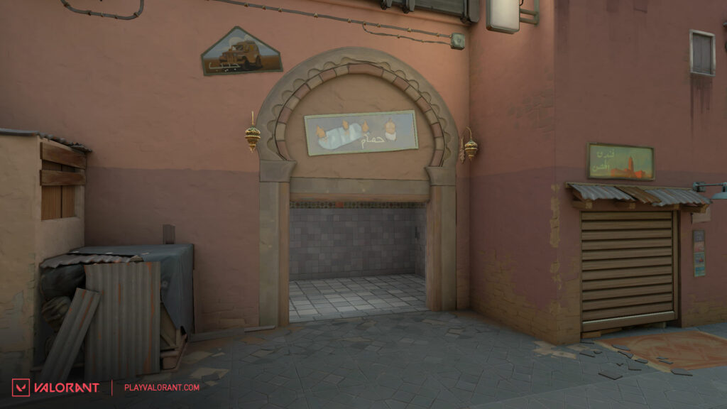 The view of VALORANT map Bind's A Bath exit onto A Site after receiving changes.