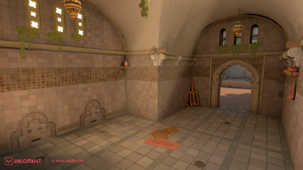 The view of VALORANT map Bind's A Bath interior after receiving changes.