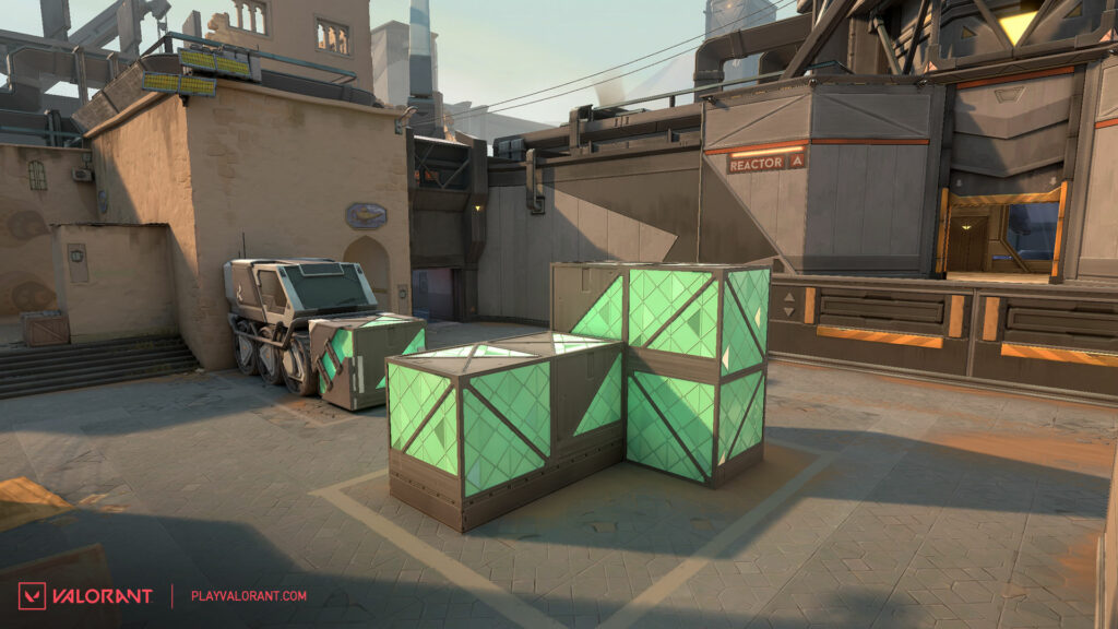 The view of VALORANT map Bind's A Site Radianite crates after receiving changes.