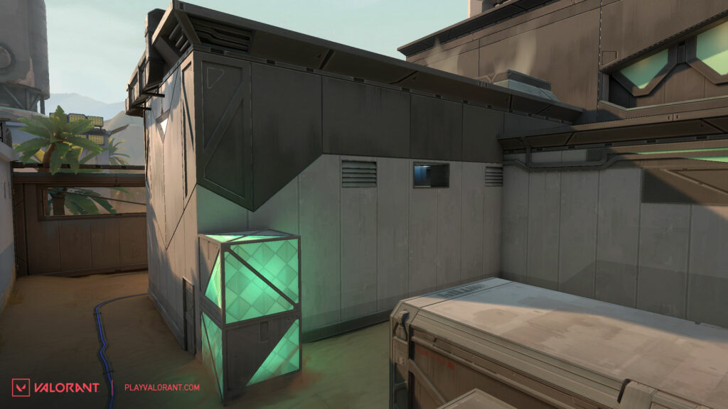 The view of VALORANT map Bind's B Elbow wall between B Site after receiving changes.