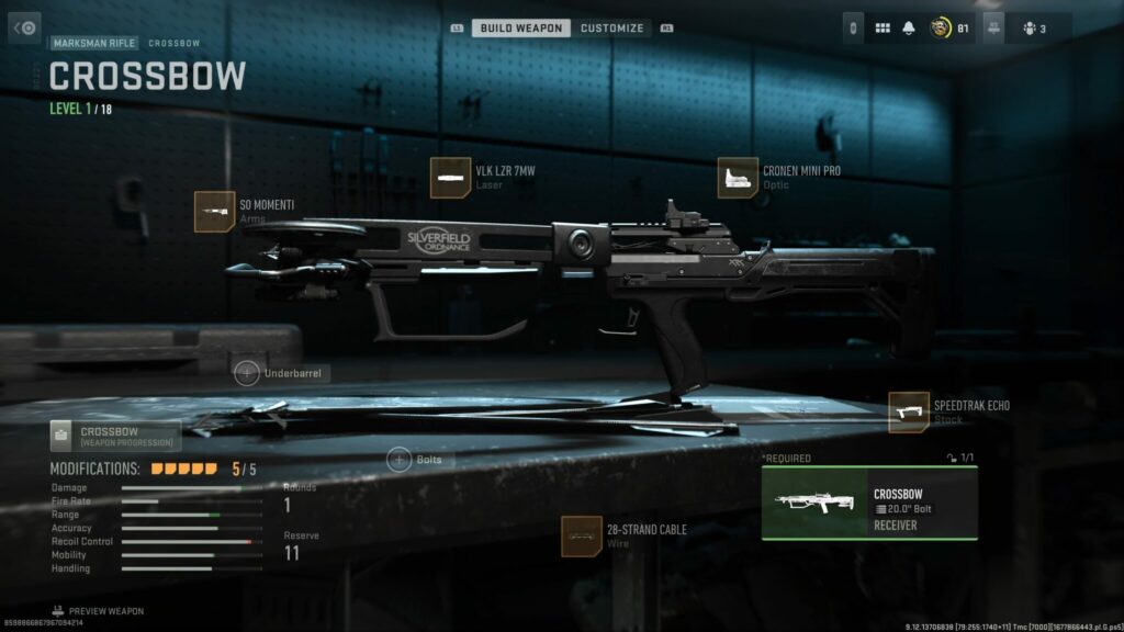 The loadout page shows what attachments are used to create the best loadout for the Crossbow in MW2.