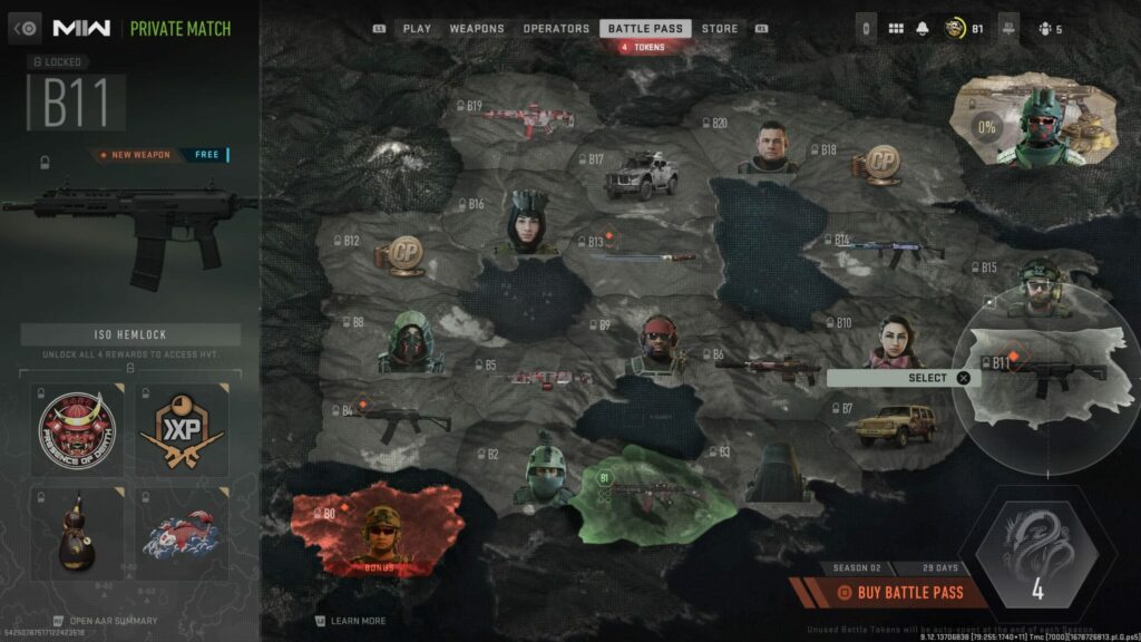 The MW2 Battle Pass path shows the unlock slot for the ISO Hemlock.