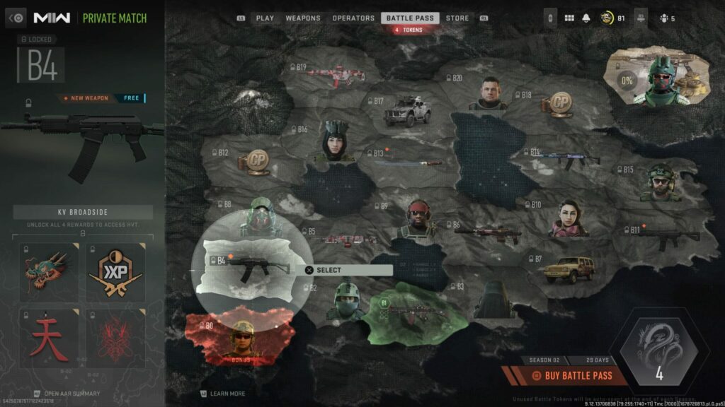 The MW2 Battle Pass shows the unlock slot for the KV Broadside.