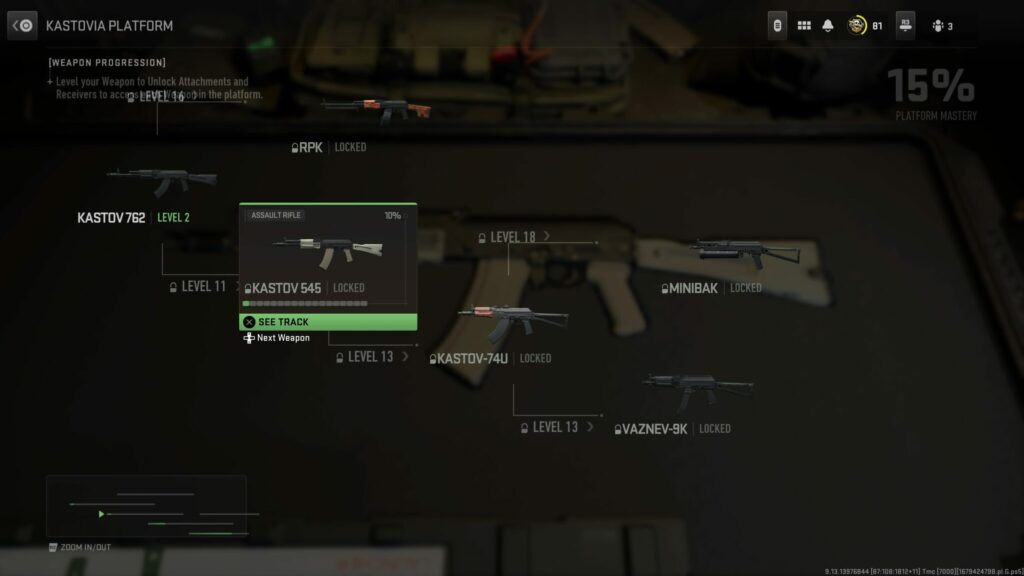 The Kastovia Weapon Platform in MW2 shows the Kastov 545 as a second weapon unlock in the tree.