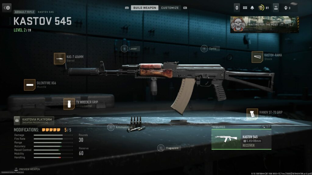 The loadout screen shows the best attachments for the Kastov 545 in MW2.