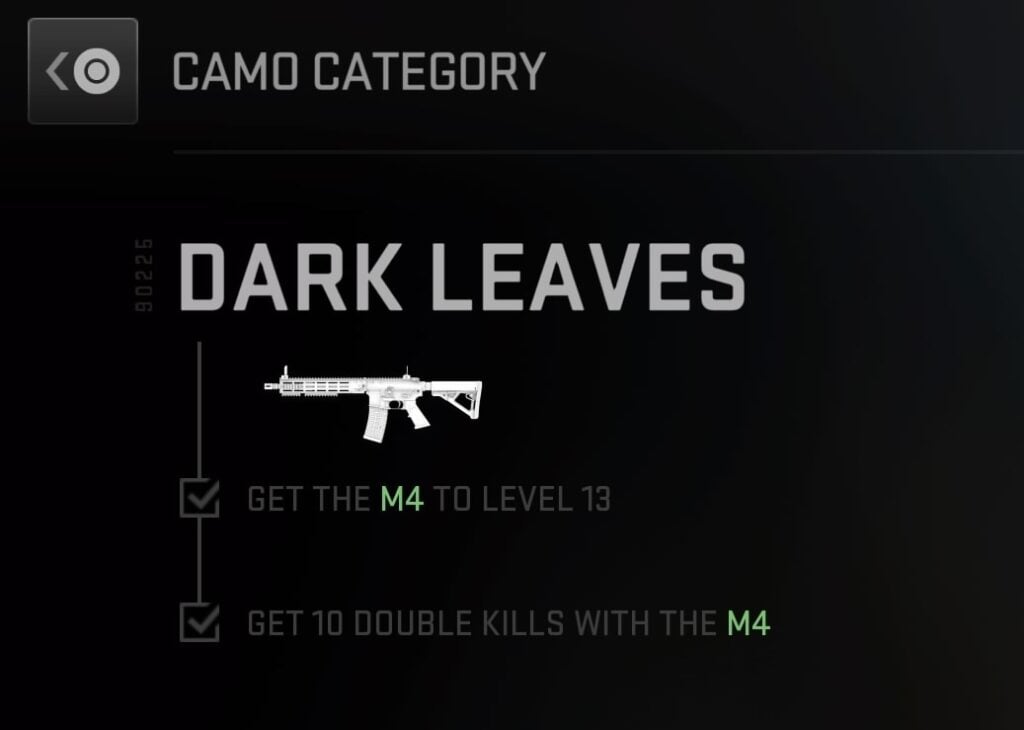 The Dark Leaves camo for the M4 shows two challenges in order for it to unlock in MW2.