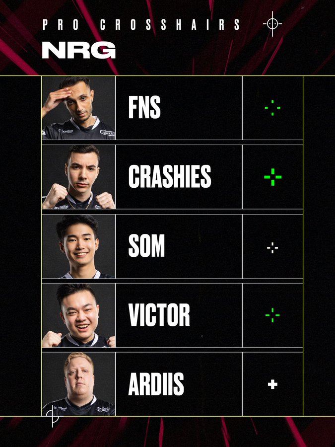 The VALORANT player crosshair codes for FNS, Crashies, Som, victor, Ardiis