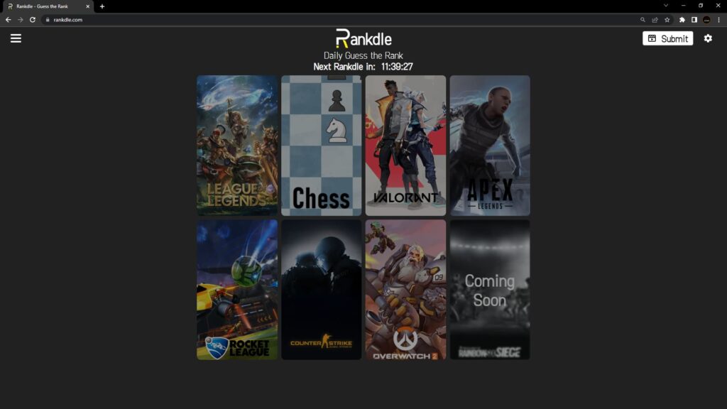 The Rankdle website shows the games available to choose from and the countdown until it resets with new clips.