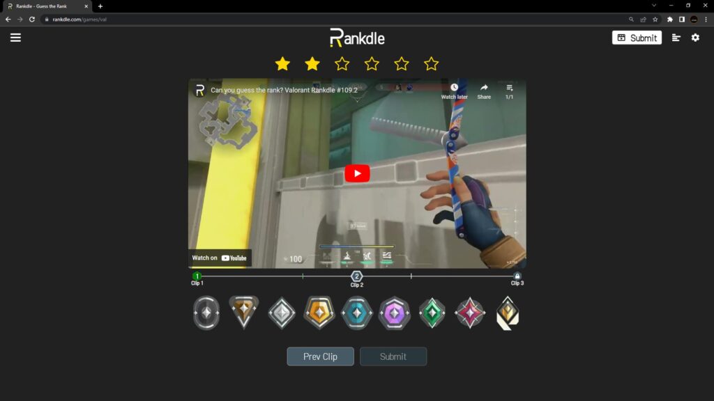 The Rankdle VALORANT page shows an embedded clip with the game's ranks to select from below it.