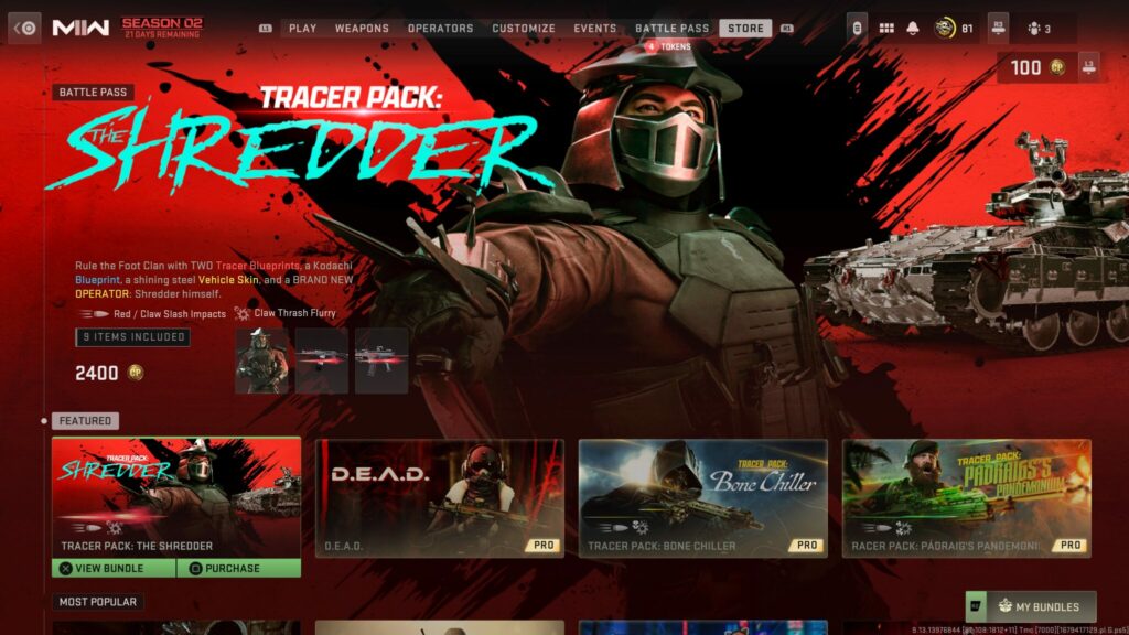 The Shredder Tracer Pack is featured in the Call of Duty store.