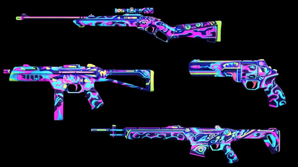 The Marshal, Stinger, Sheriff, and Guardian with the Signature skin from the VALORANT Episode 6 Act 2 Battlepass.